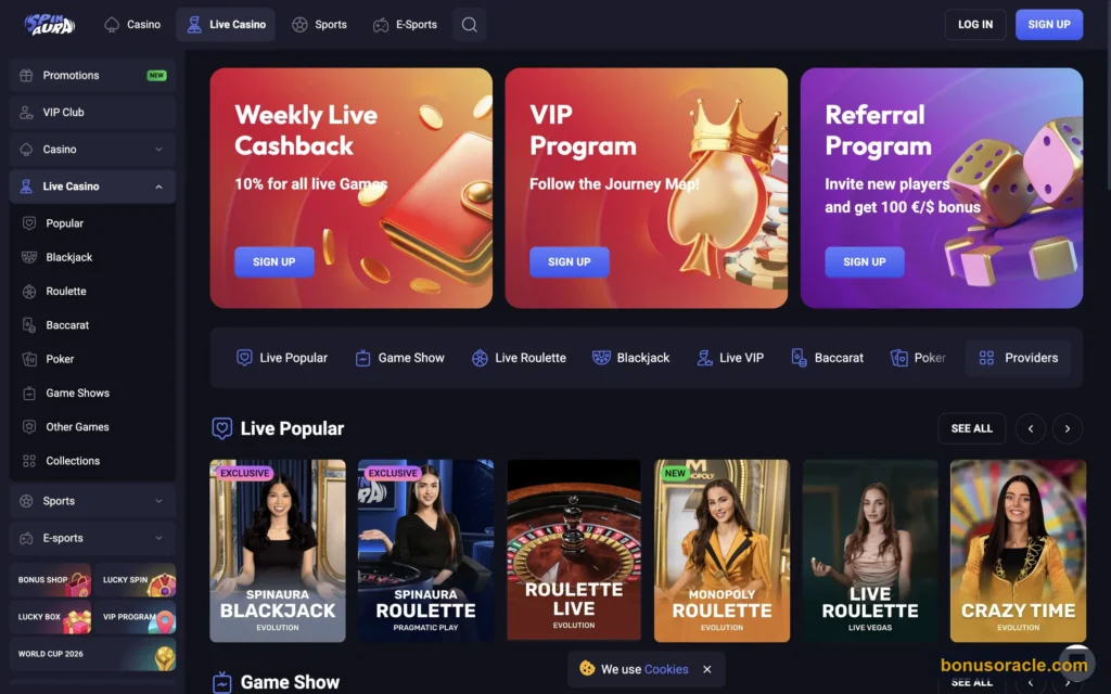 Spin Aura Casino live-casino lobby with branded tables