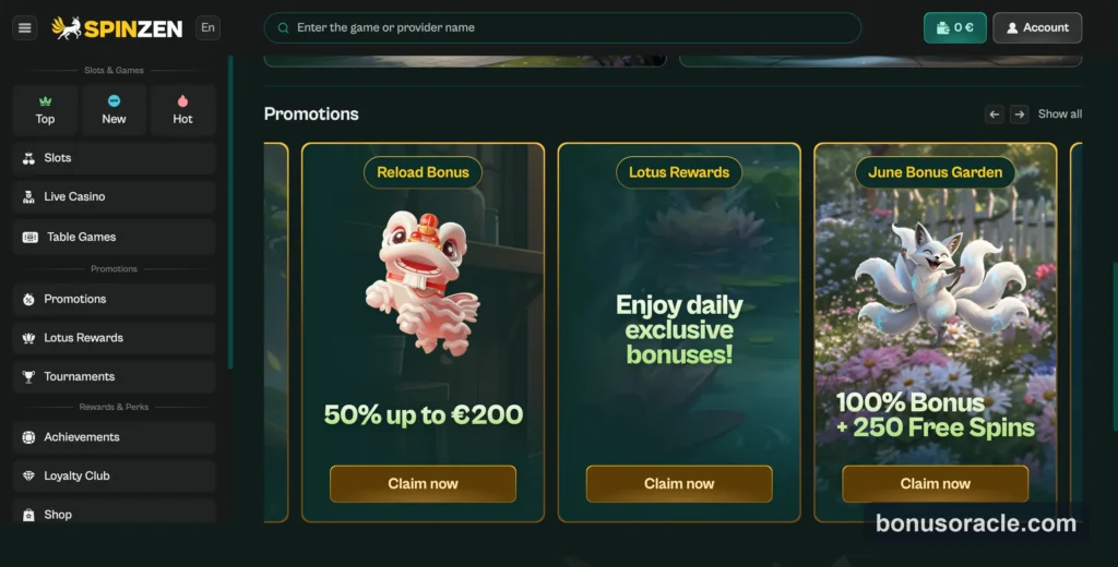 Spinzen Casino promotions: welcome package, 50% reload and Lotus Rewards