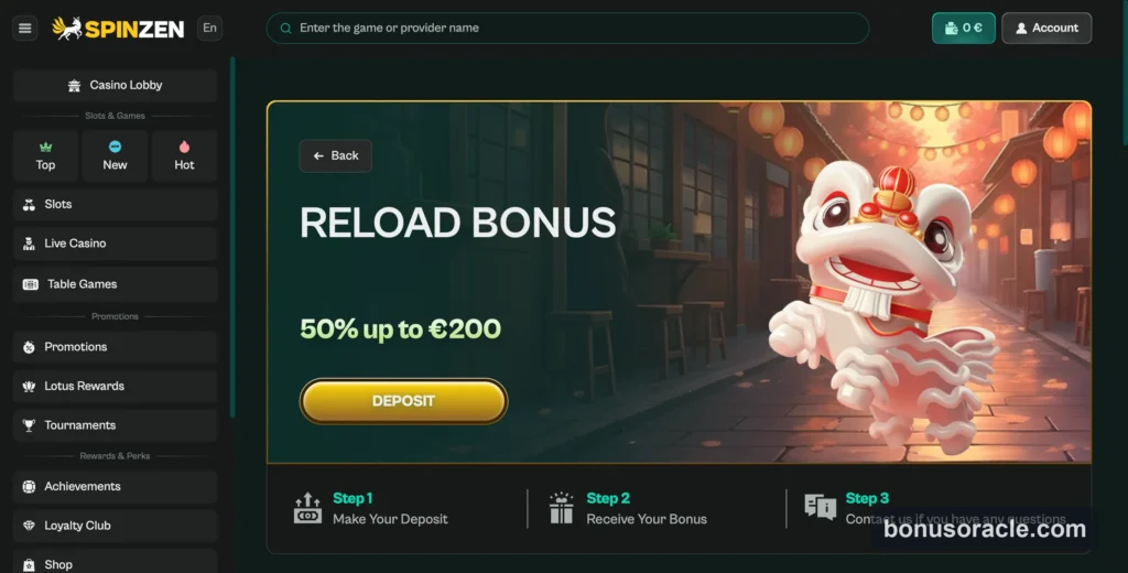 Spinzen reload bonus claim page